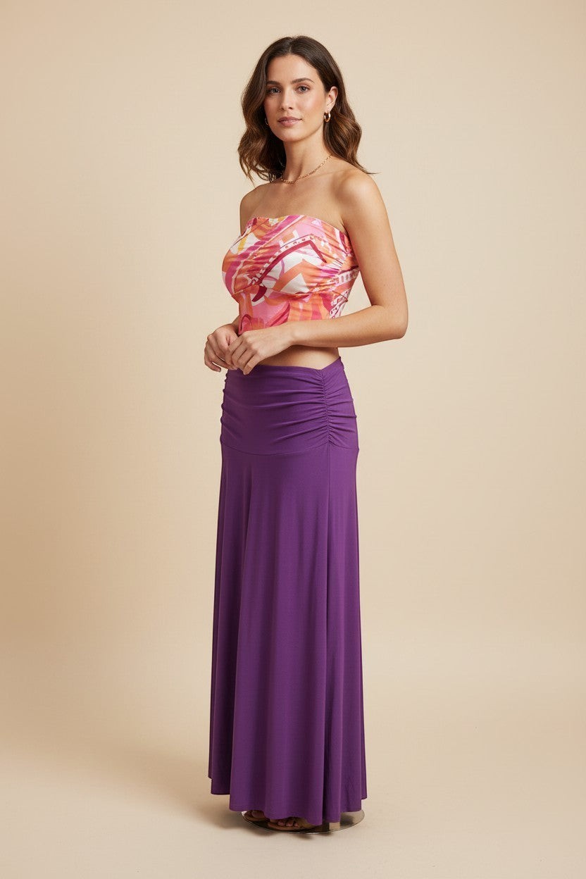 Osanna Creazione Florence long purple ruched waist maxi skirt, fluid and comfortable, can be worn as a strapless dress.