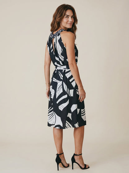 Osanna Creazione robe courte noire et blanche à imprimé abstrait, col tressé, ceinture amovible, taille unique