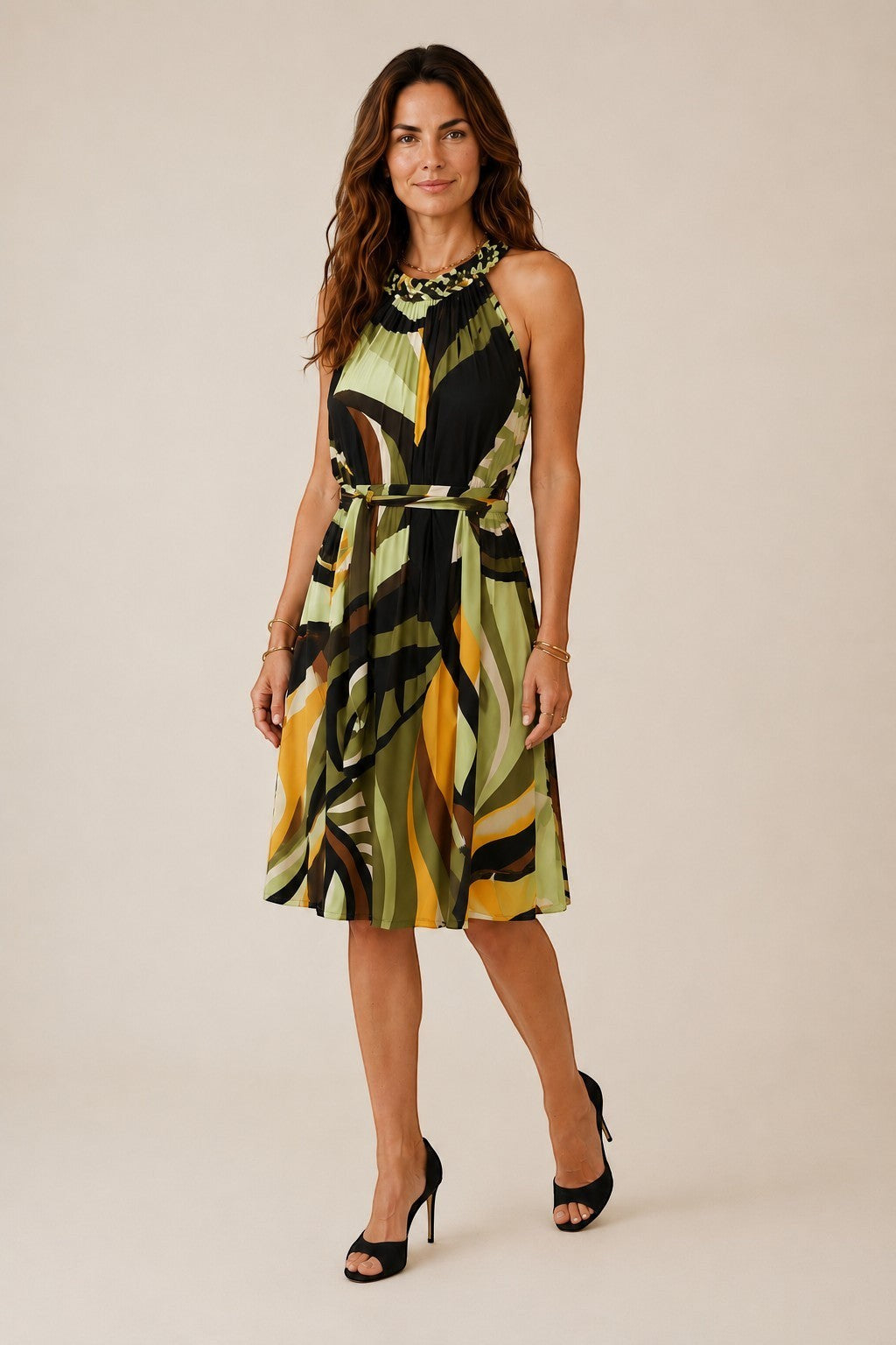 Osanna Creazione robe courte verte et jaune à motif abstrait, col tressé, ceinture amovible, taille unique.