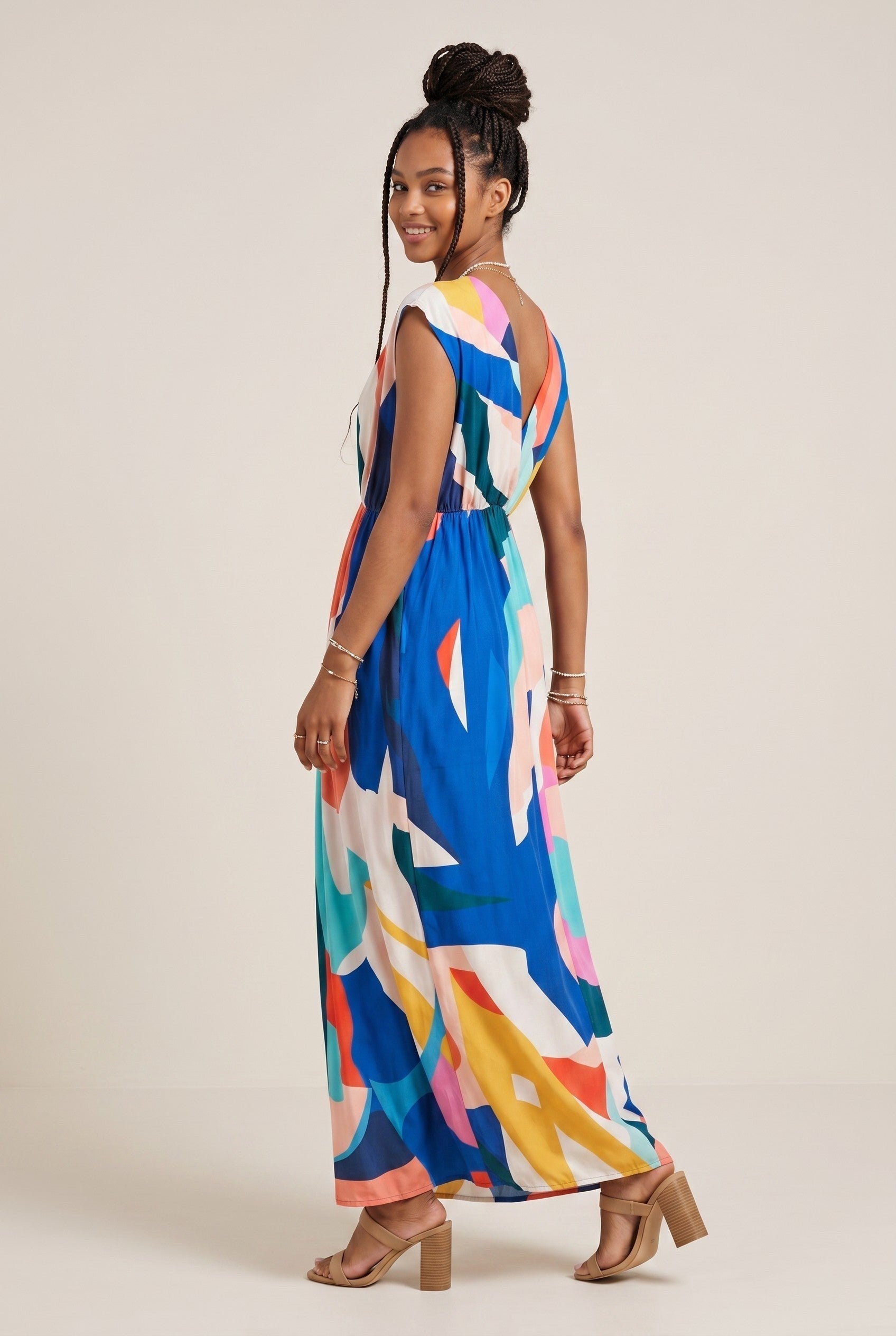 Robe longue Baleate Osanna Creazione à imprimé abstrait multicolore, coupe empire, col V, élastique sous poitrine. Taille unique.