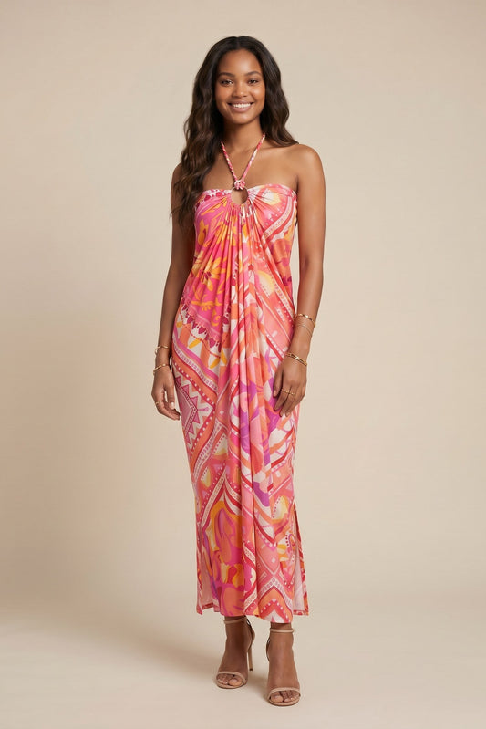 Robe longue drapée Osanna Creazione rose et orange avec un anneau central et un dos nu, imprimé psychédélique.
