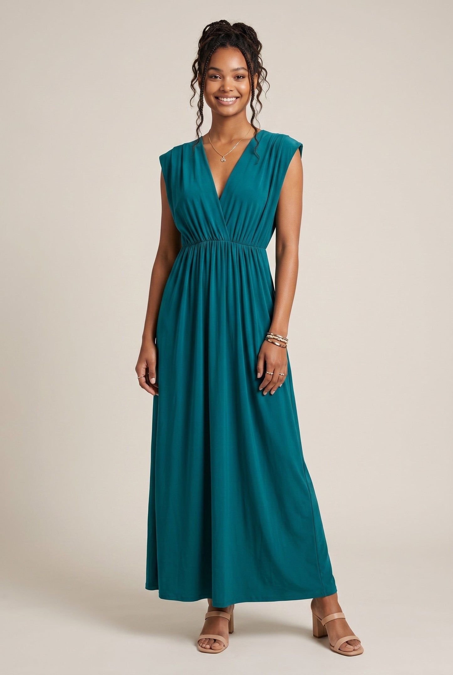 Osanna Creazione Robe longue empire Baleate bleu canard, col V, taille unique, fluide et évasée.