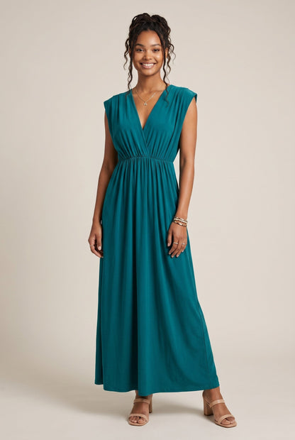 Osanna Creazione Robe longue empire Baleate bleu canard, col V, taille unique, fluide et évasée.