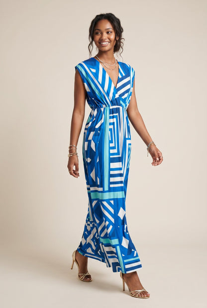 Robe longue empire Baleate Osanna Creazione bleue et blanche à imprimé géométrique, col V, manches courtes.
