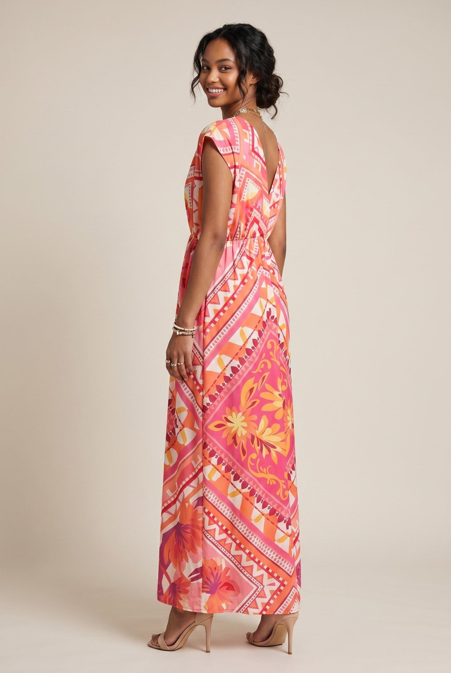 Robe longue empire Baleate Osanna Creazione rose et orange imprimé floral et géométrique, col V, taille unique