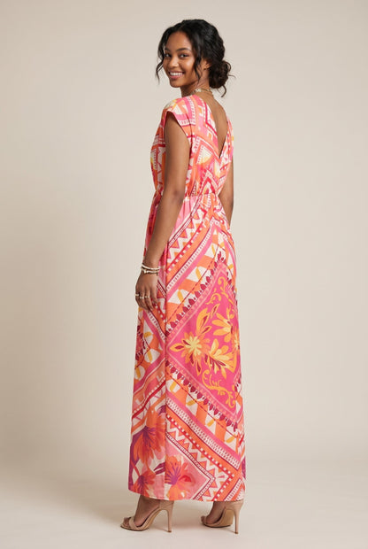 Robe longue empire Baleate Osanna Creazione rose et orange imprimé floral et géométrique, col V, taille unique
