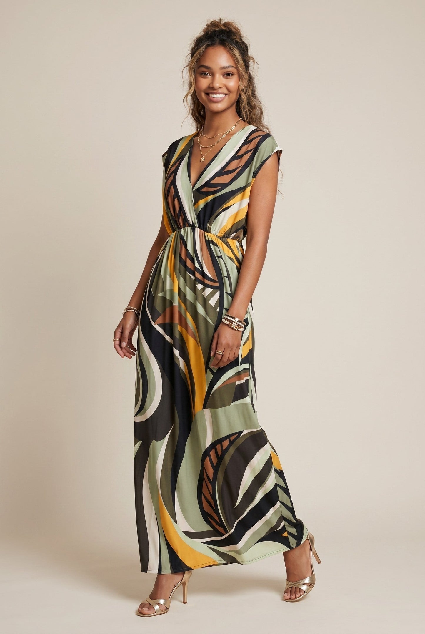 Robe longue empire Baleate Osanna Creazione avec imprimé abstrait multicolore, col V et manches courtes.