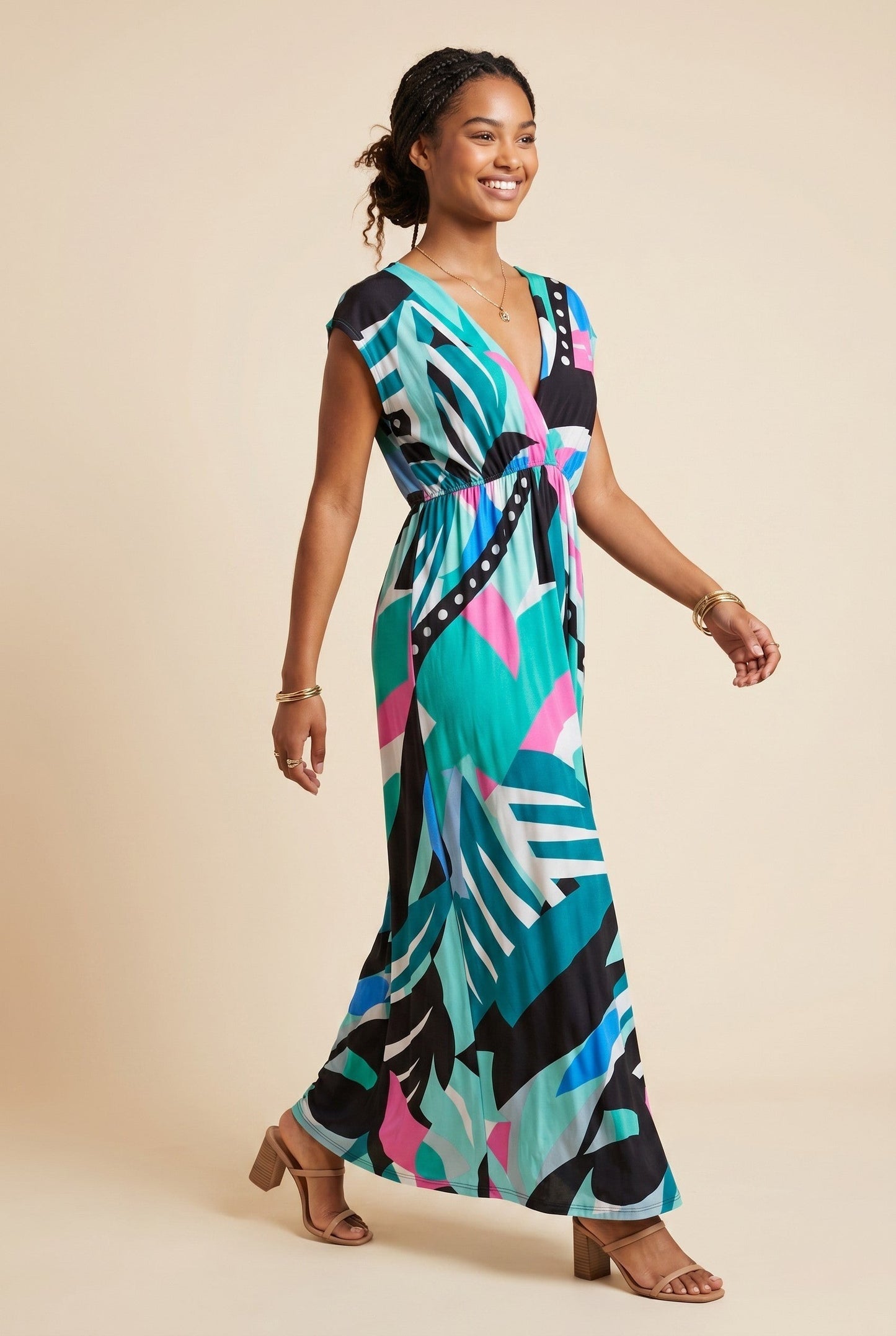 Robe longue empire Baleate Osanna Creazione multicolore avec col V et imprimé abstrait