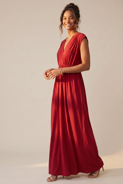 Robe longue rouge Baleate Osanna Creazione, coupe empire, col V, manches courtes, idéale pour l'été ou une soirée.