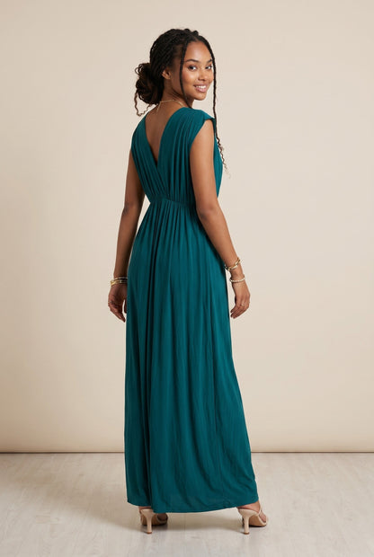 Robe longue empire Baleate vert émeraude en tissu fluide, col V, élastique sous poitrine, par Osanna Creazione