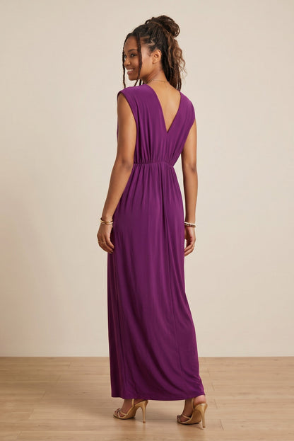 Robe longue violette Osanna Creazione coupe empire, col V, élastique sous poitrine, bas fluide