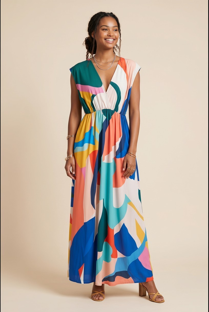 Robe longue Baleate Osanna Creazione à imprimé abstrait multicolore, col V, coupe empire et manches courtes.