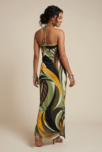 Robe longue drapée Osanna Creazione verte et jaune à imprimé abstrait, dos nu avec lien tressé