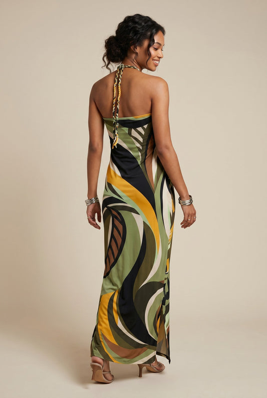 Robe longue drapée Osanna Creazione verte et jaune à imprimé abstrait, dos nu avec lien tressé