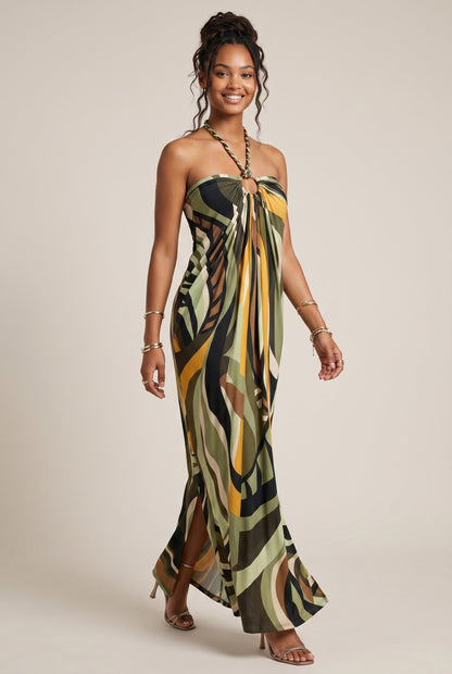 Osanna Creazione Robe longue Borely verte et jaune à imprimé abstrait, dos nu et anneau central.
