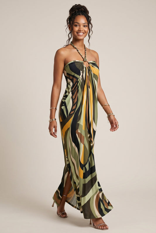 Osanna Creazione Robe longue Borely verte et jaune à imprimé abstrait, dos nu et anneau central.