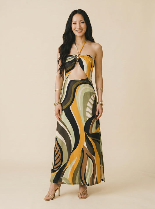 Osanna Creazione Robe longue Jamaïca, dos nu, décolleté plongeant avec bijou doré, cut-out ventre, fente latérale, imprimé abstrait multicolore.