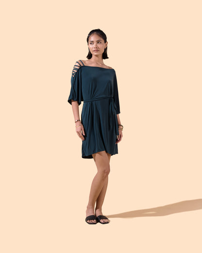 Osanna Creazione teal green short dress with tie waist and cut-out shoulder detail, mid-length sleeves.