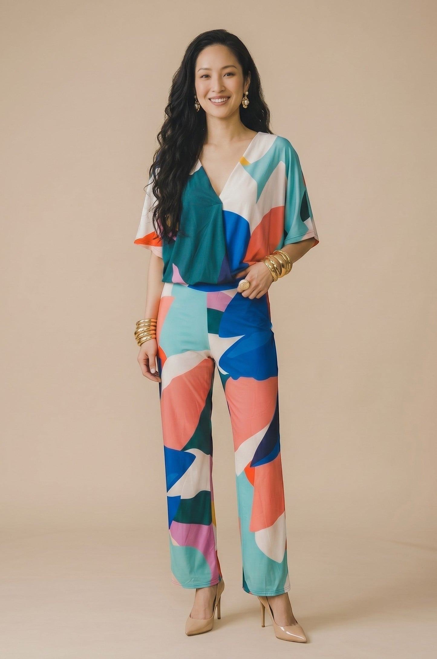 Top fluide col V Toralie Osanna Creazione, imprimé abstrait multicolore, manches larges, coupe ample.
