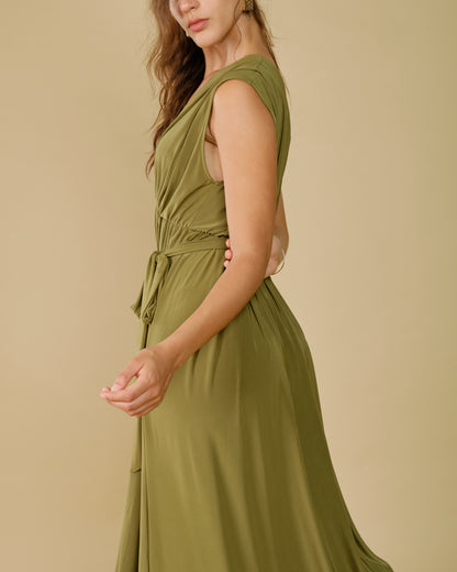 Long khaki low-cut dress - Baleate