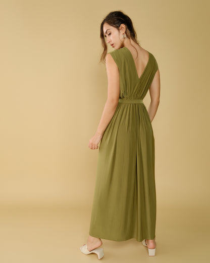 Long khaki low-cut dress - Baleate