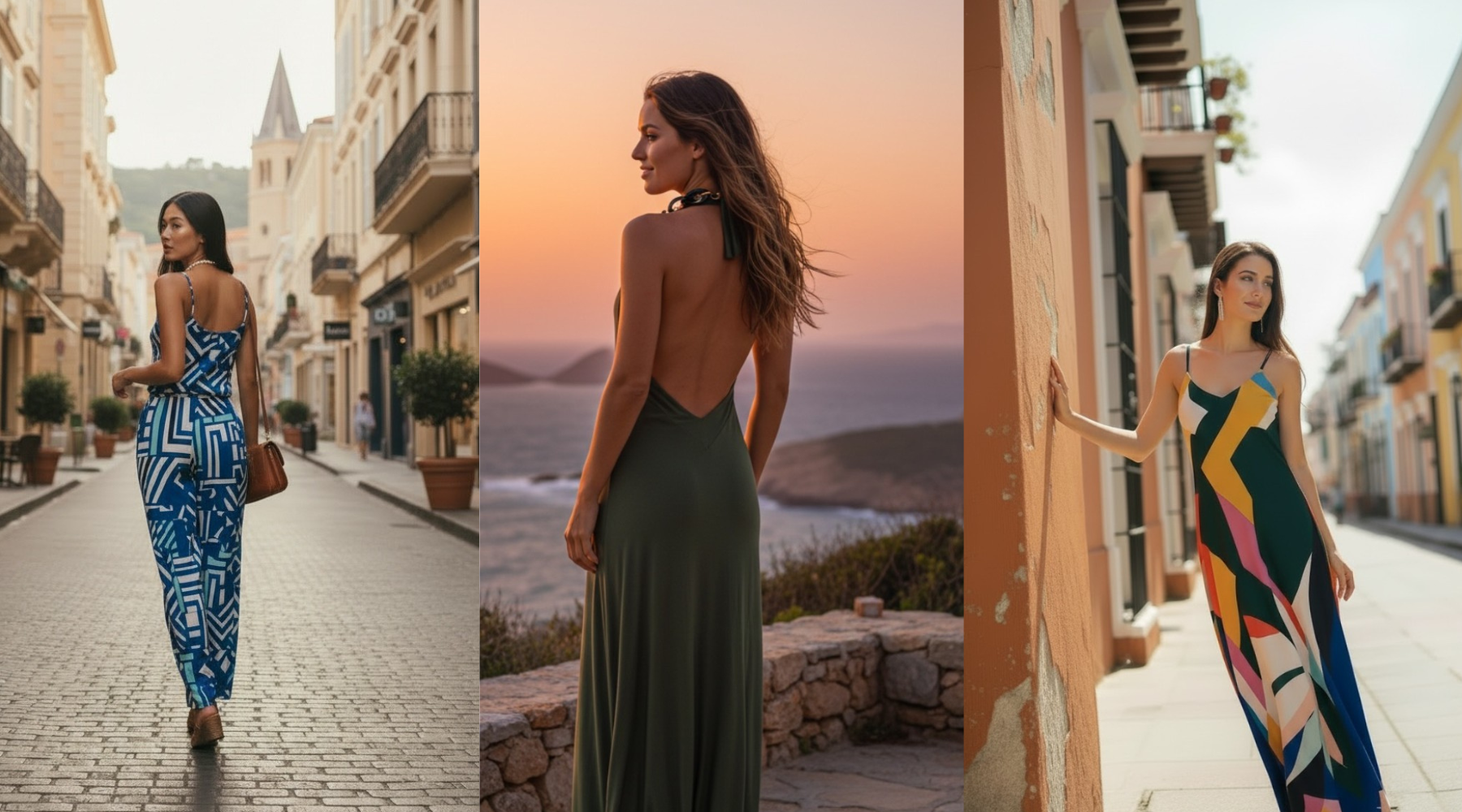 Robes longues femme été élégantes avec dos nu et imprimés colorés portées en ville et en bord de mer look chic et fluide